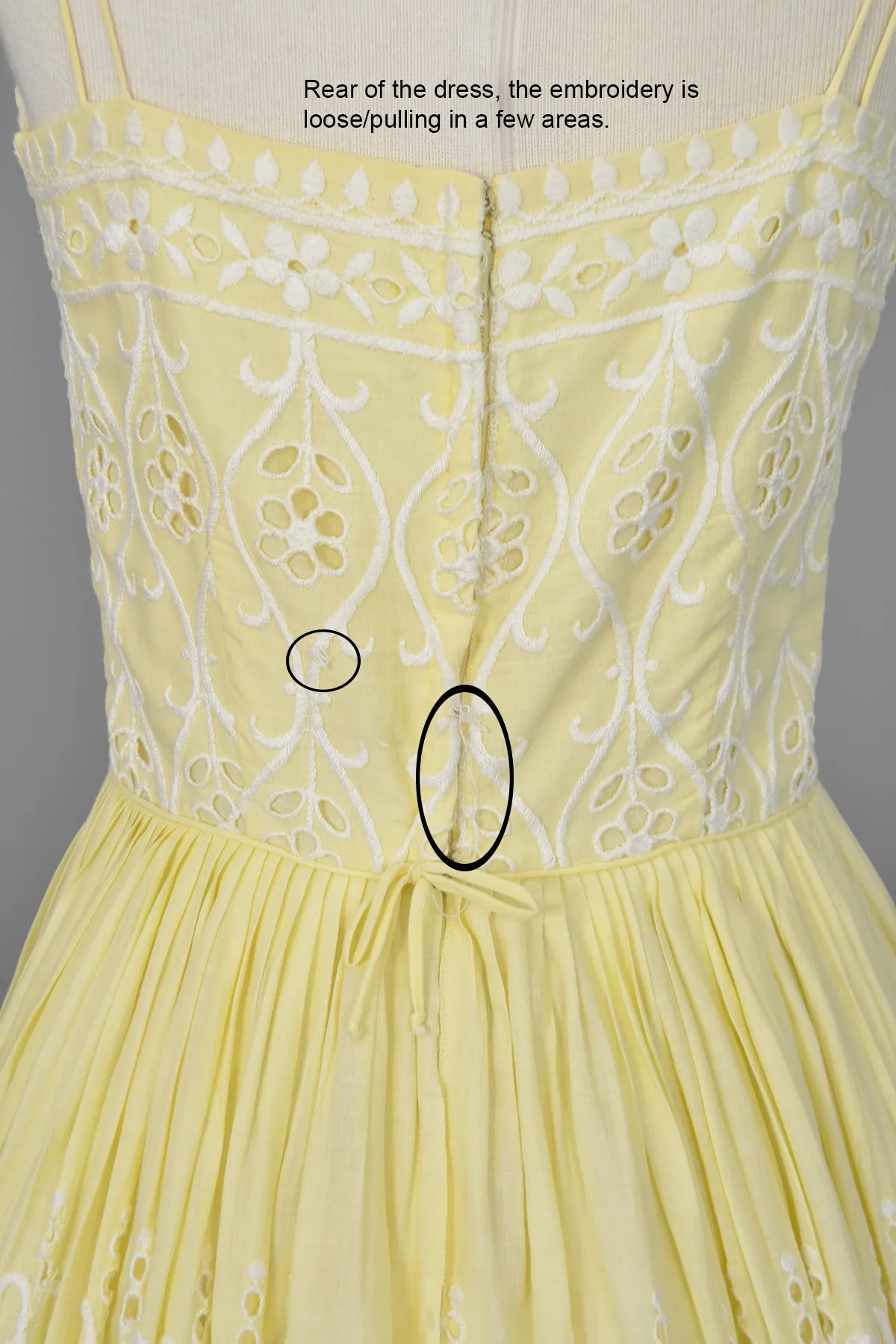 1950s Pale Yellow Embroidered Patio Dress | Pleated Full Skirt | Pinup