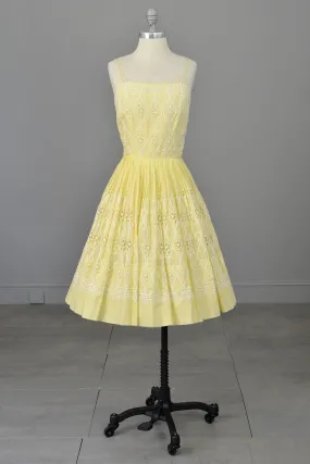 1950s Pale Yellow Embroidered Patio Dress | Pleated Full Skirt | Pinup