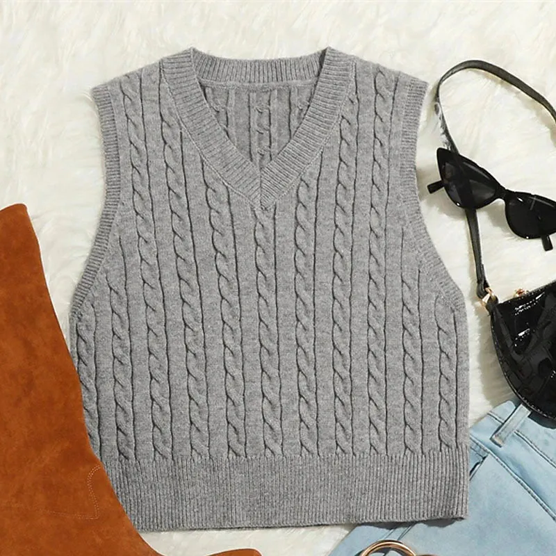 amazon hot selling sweater vest european and american fashion casual sleeveless sweater cable v-neck knitted vest women