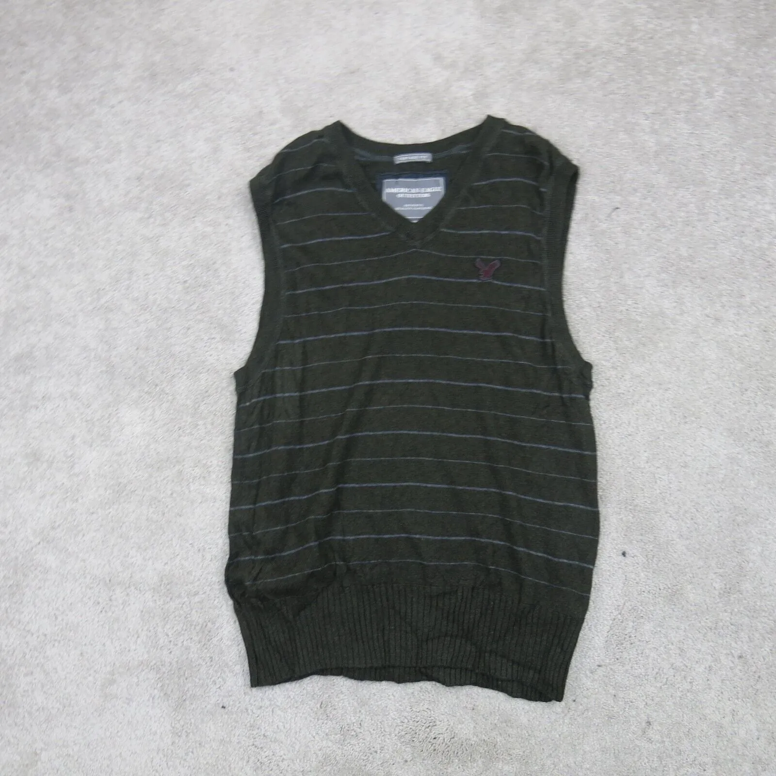 American Eagle Mens Striped Vest Sweater Vintage Fit Knitted V Neck Black SZ XXL