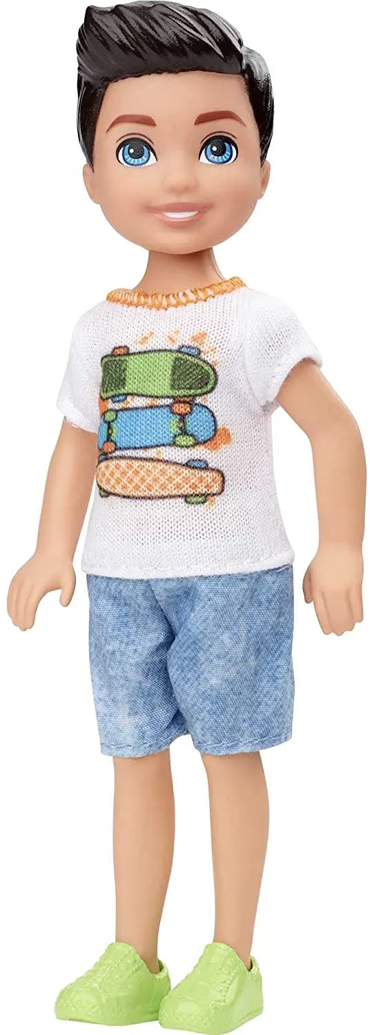 Barbie Club Chelsea Boy Doll (6-inch Brunette) Wearing Skateboard Graphic Shirt and Shorts, for 3 to 7 Year Olds