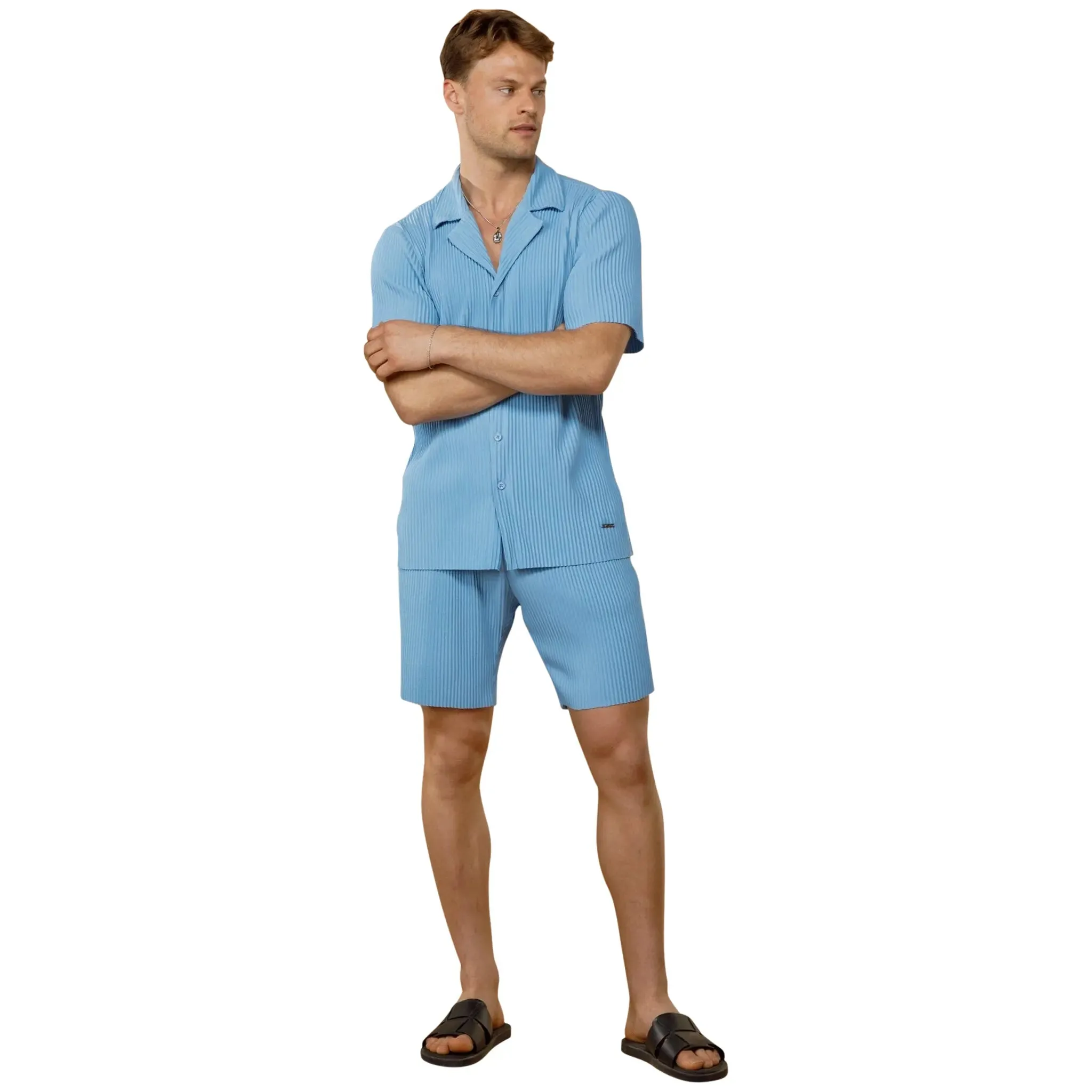 Belier Pleated Short Sleeve Light Blue Resort Shirt