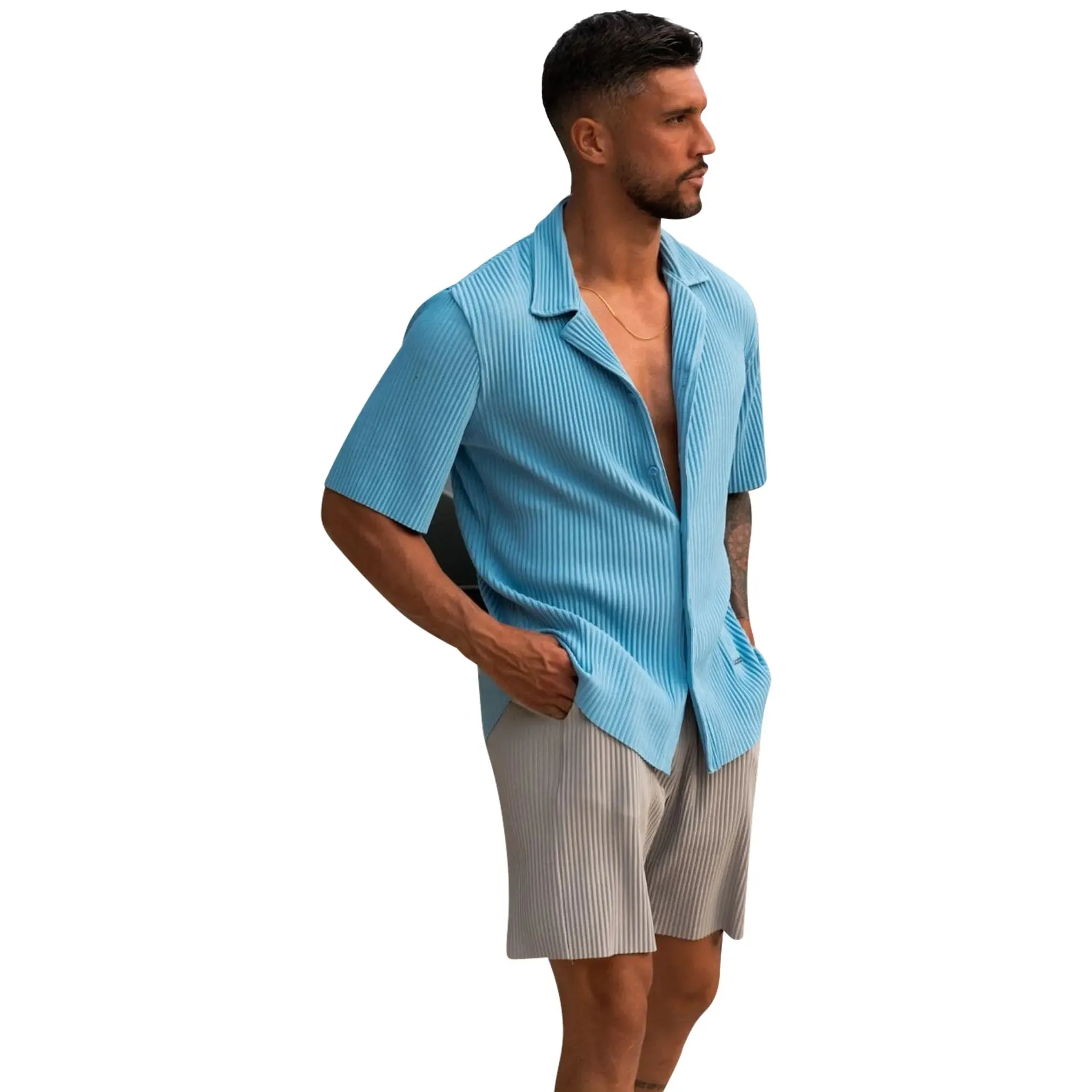 Belier Pleated Short Sleeve Light Blue Resort Shirt