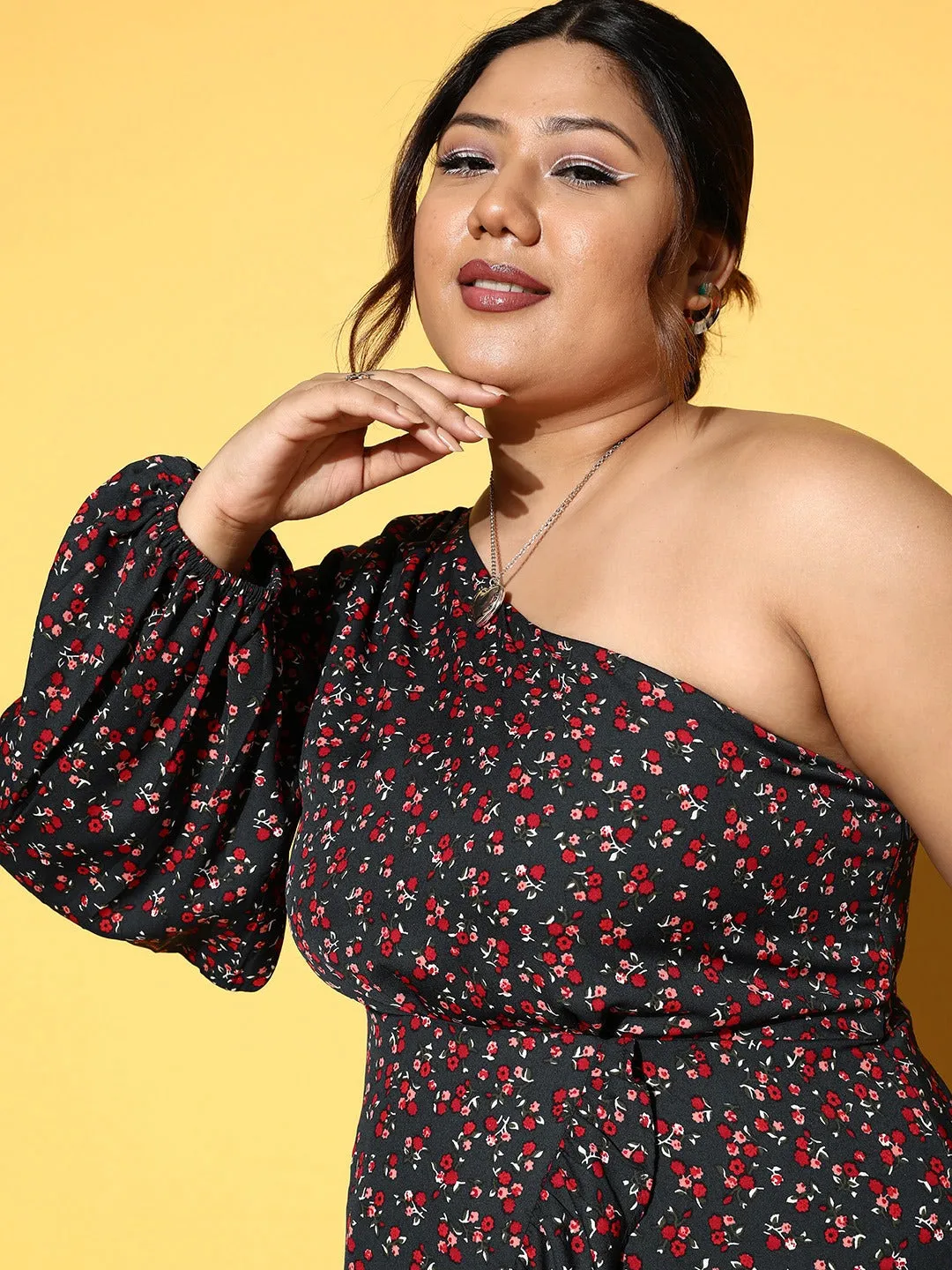 Berrylush Women Plus Size Navy Blue & Red Floral Printed One-Shoulder Neck Crepe Asymmetric Hem Pleated A-line Mini Dress