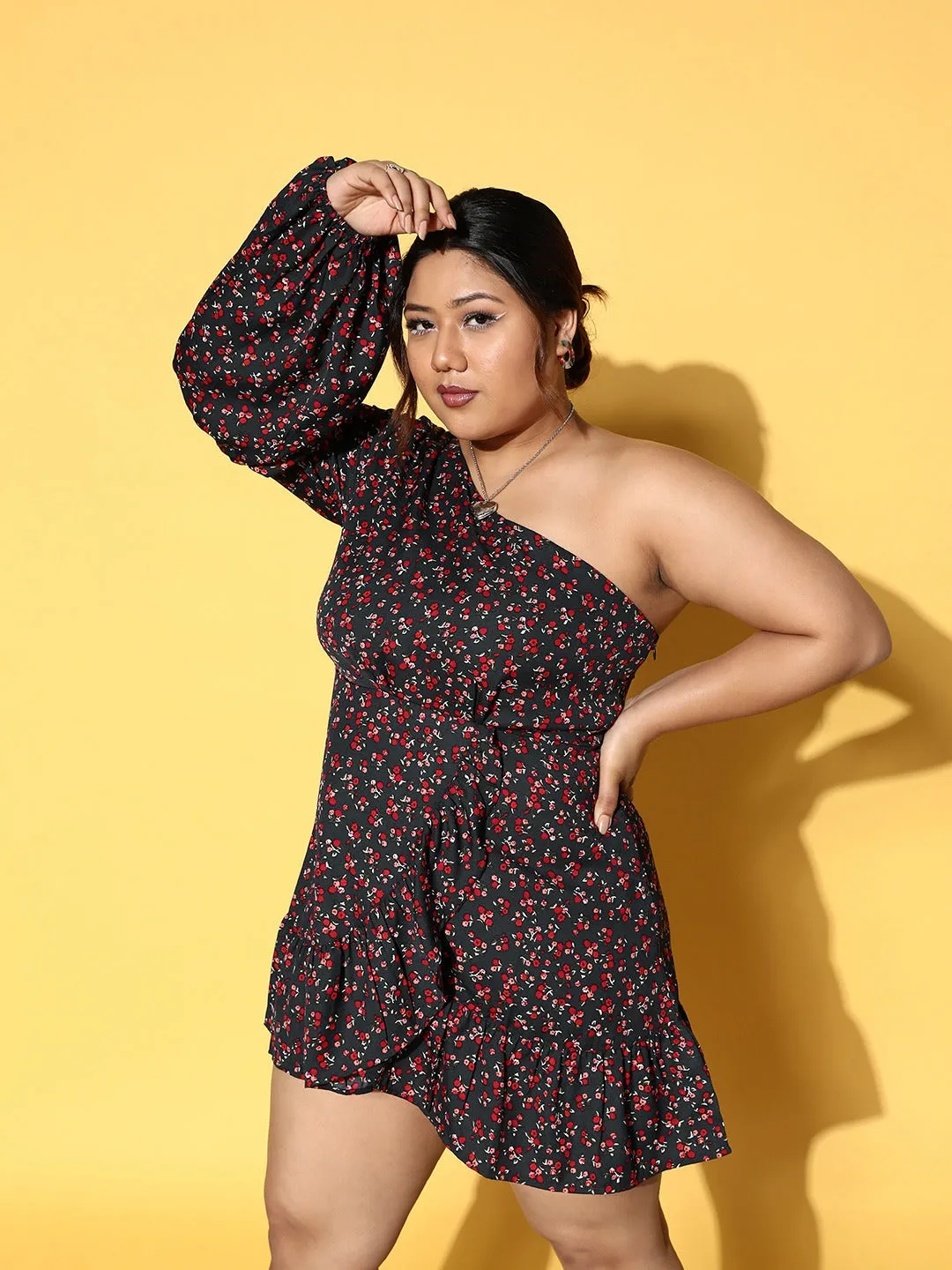 Berrylush Women Plus Size Navy Blue & Red Floral Printed One-Shoulder Neck Crepe Asymmetric Hem Pleated A-line Mini Dress