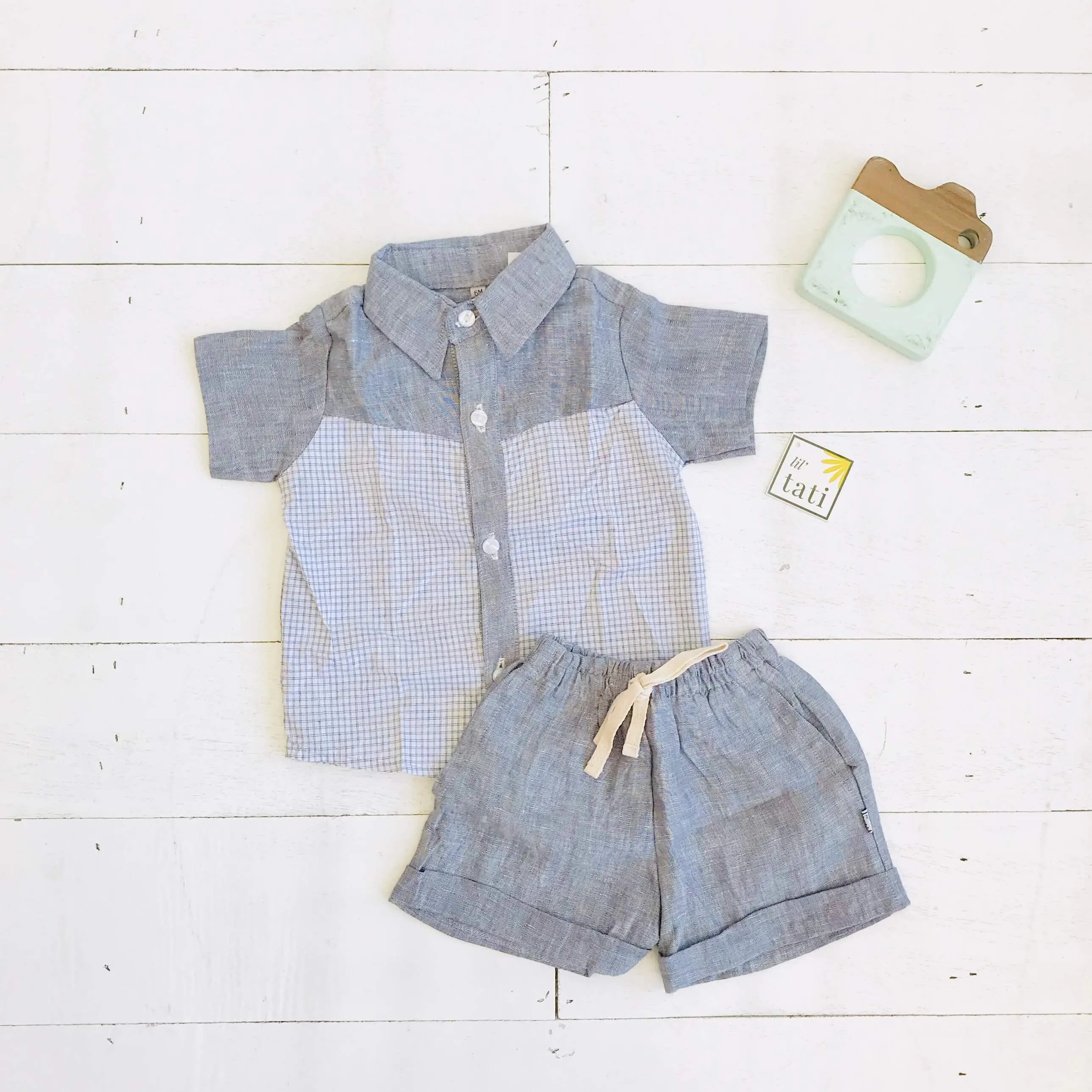 Birch Top & Shorts in Graphite Checkered and Gray Linen