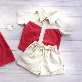 Birch Top & Shorts in Red Diamond and Beige Linen