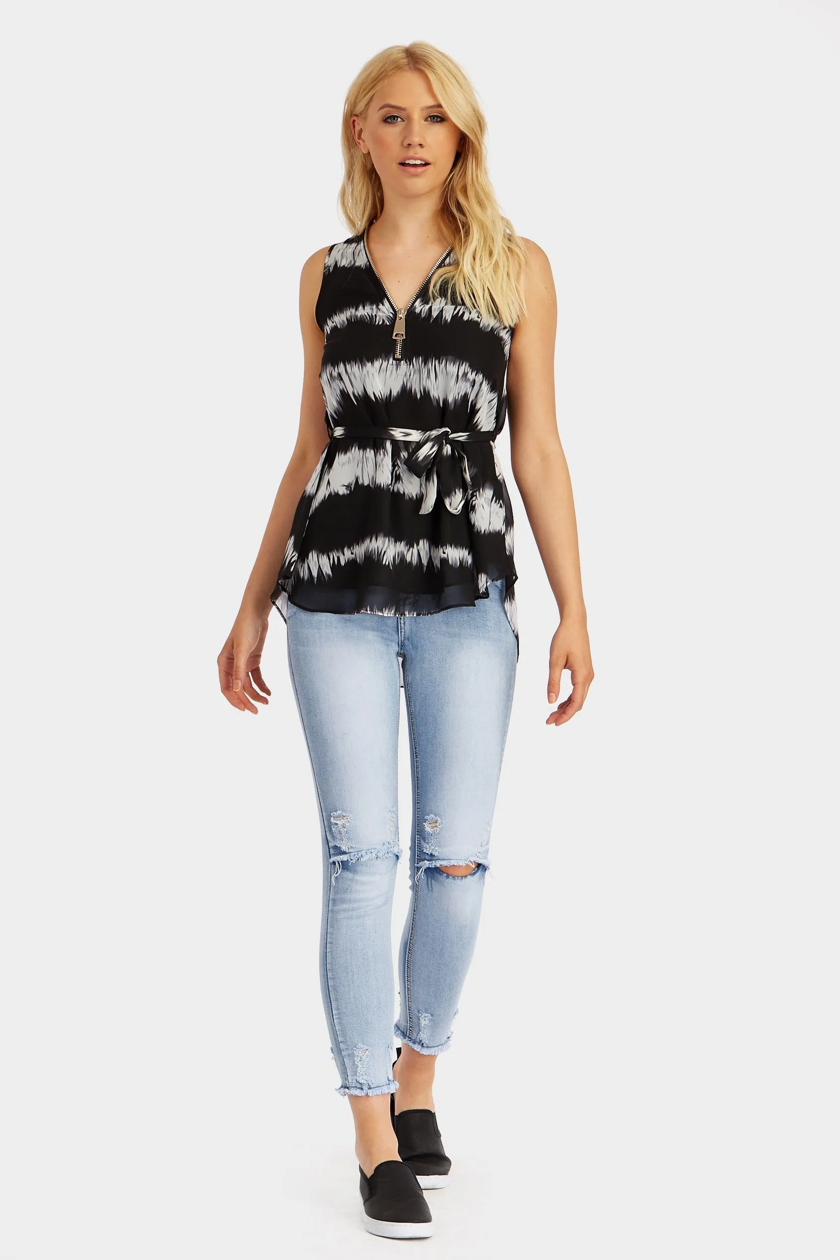 Black Tie Dye Sleeveless Zip Front Top