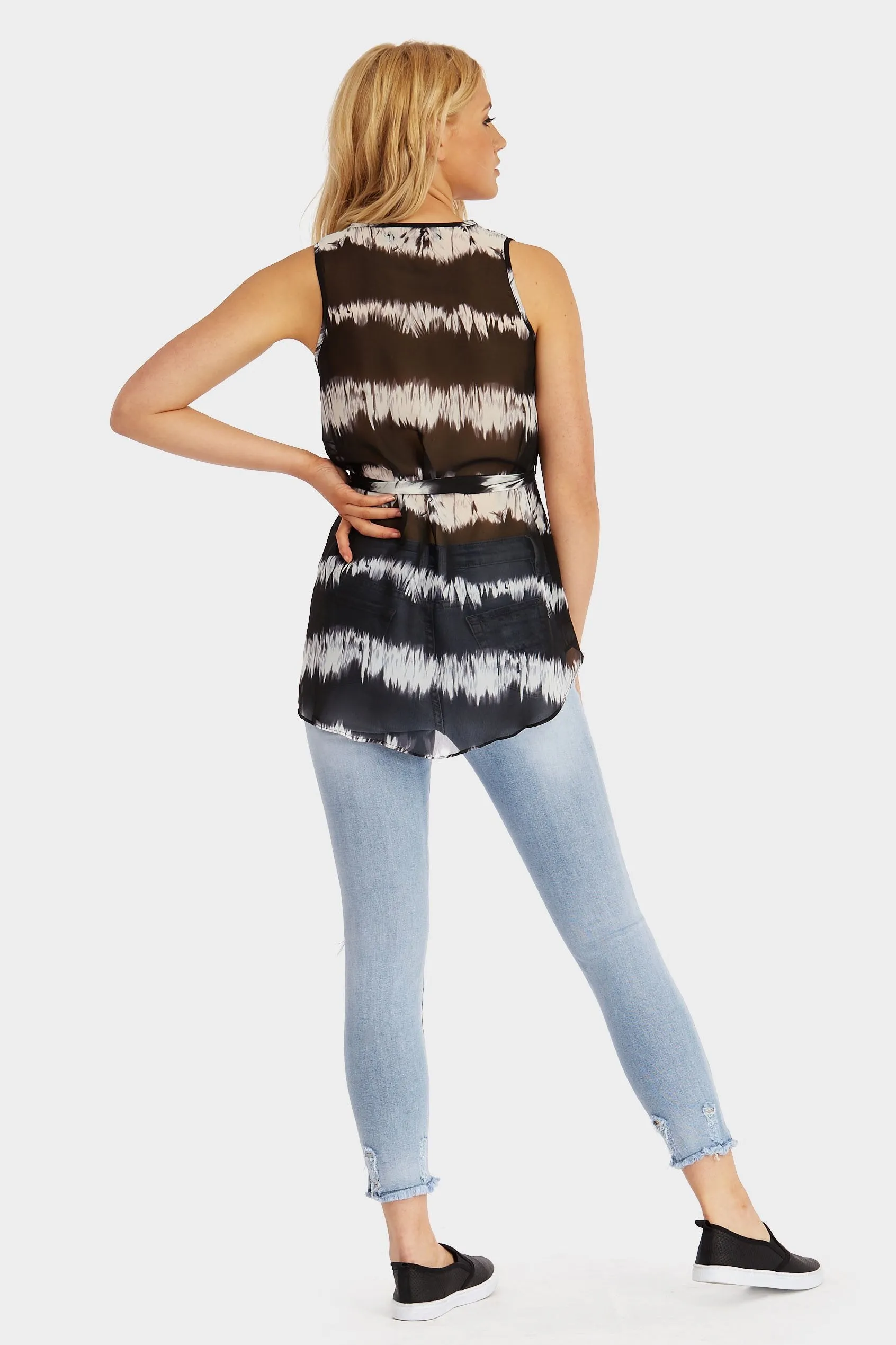 Black Tie Dye Sleeveless Zip Front Top