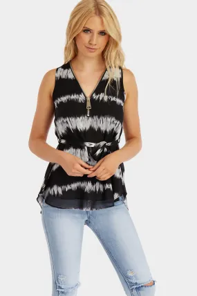 Black Tie Dye Sleeveless Zip Front Top