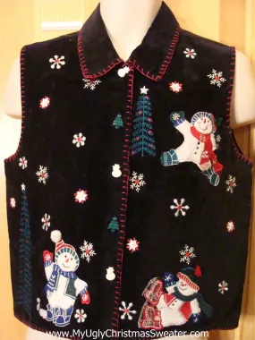Black Velvety Christmas Vest with Snowmen