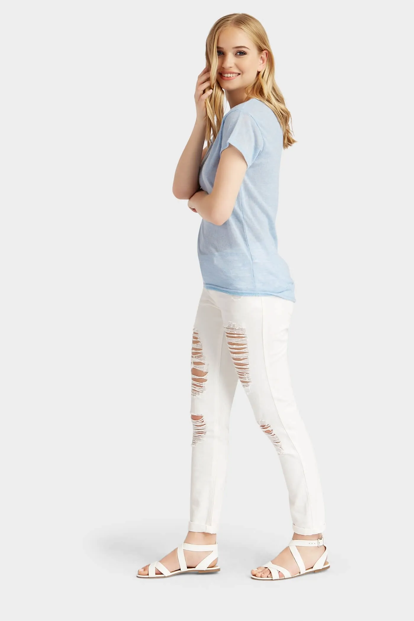 Blue Crew Neck High Low T-Shirt