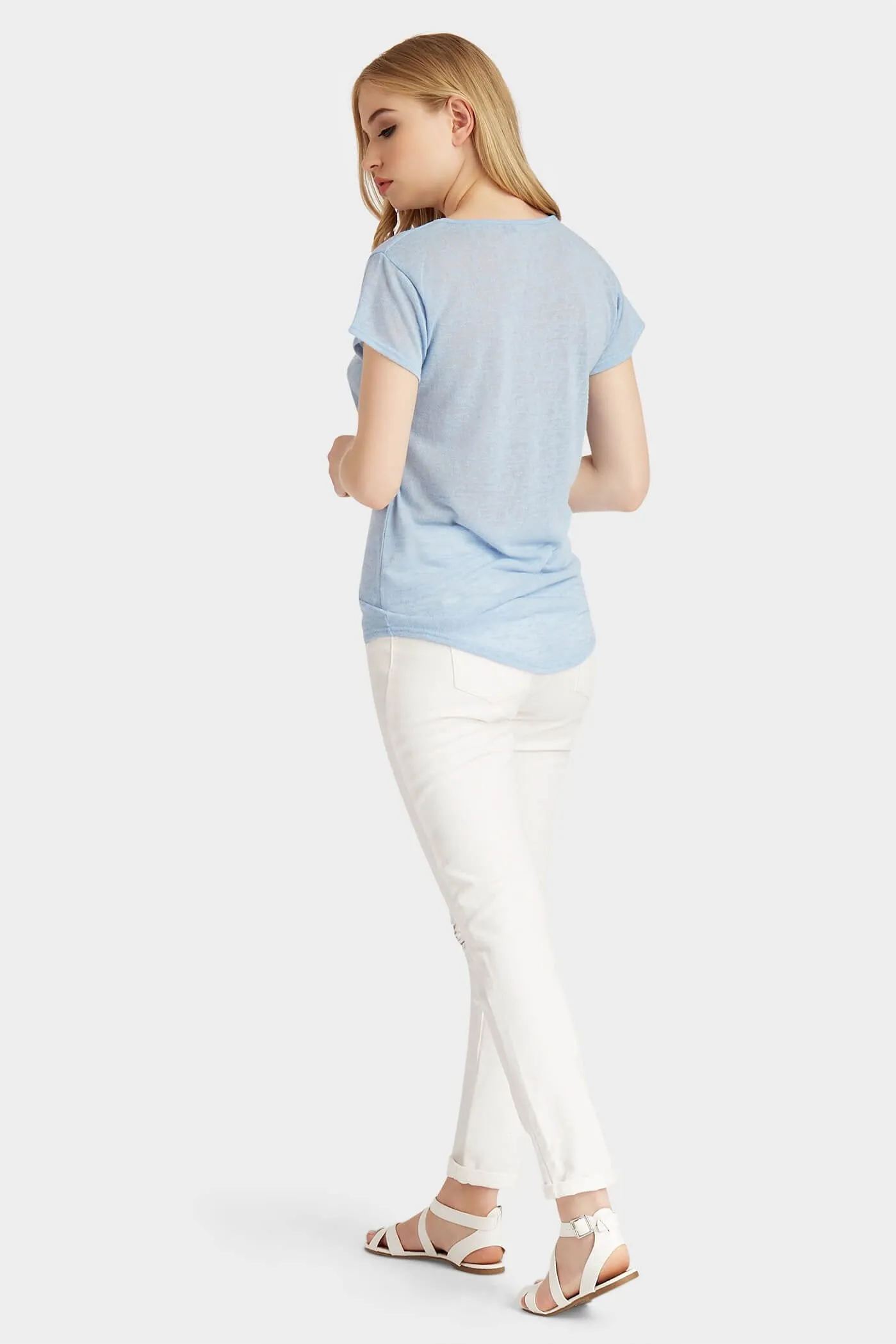 Blue Crew Neck High Low T-Shirt