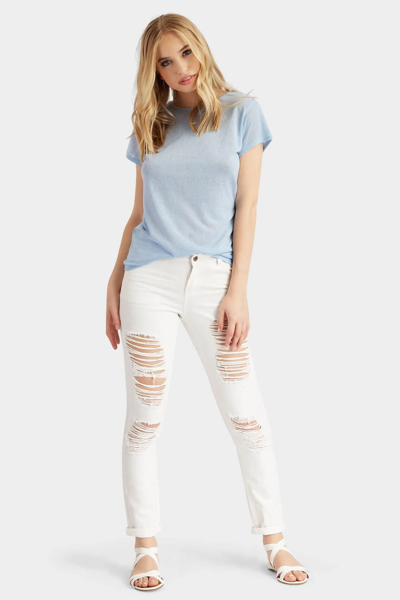 Blue Crew Neck High Low T-Shirt