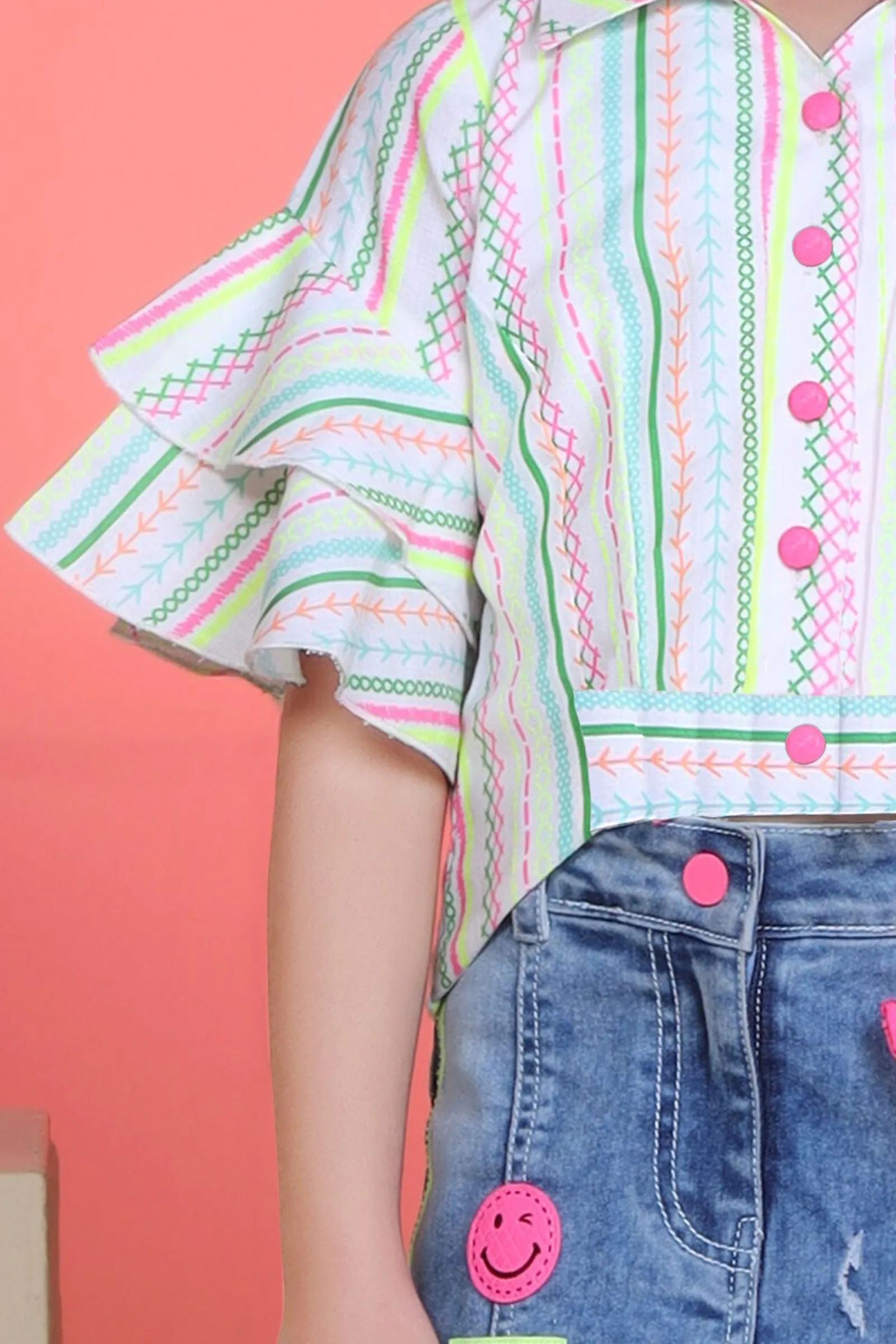 Blue with Beige Multicolor Printed Top and Skirt for Girls