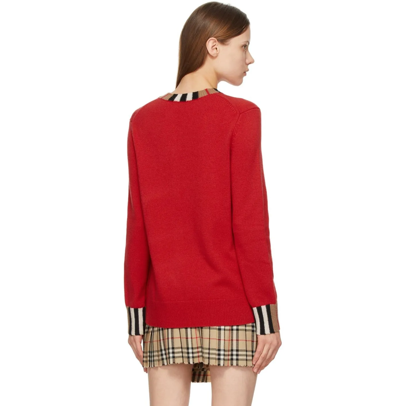 Burberry Red Cashmere Icon Stripe Trim Eyre Sweater