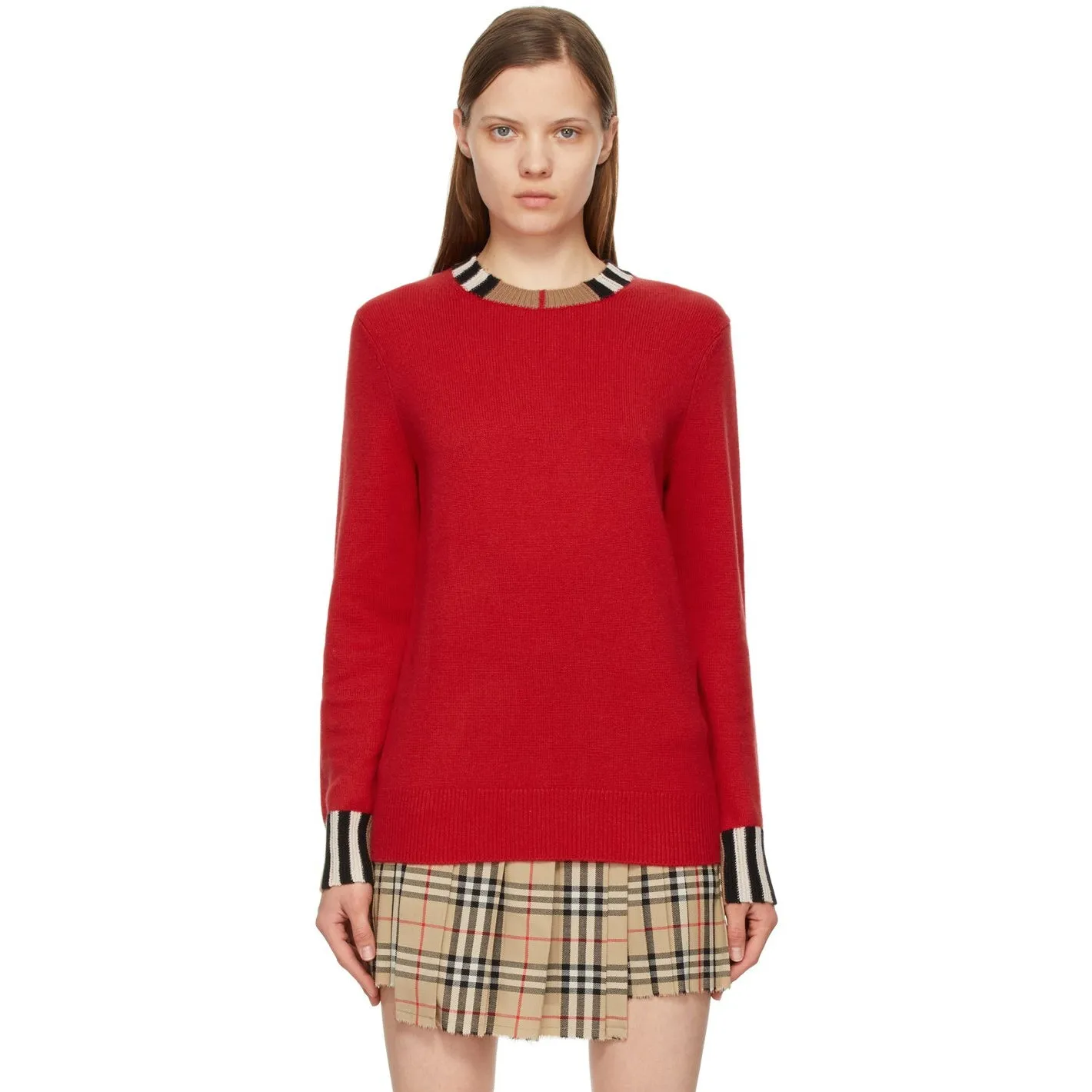 Burberry Red Cashmere Icon Stripe Trim Eyre Sweater