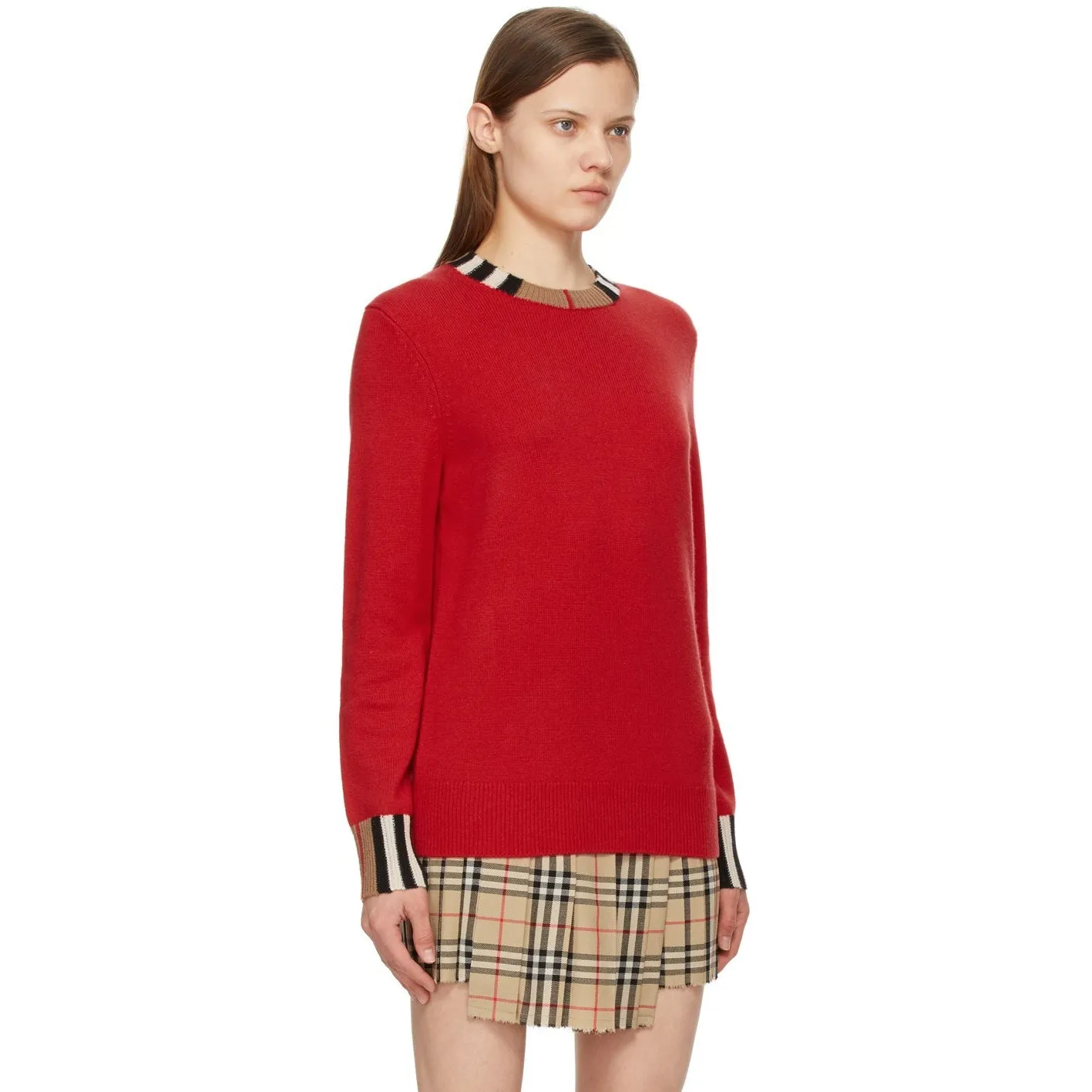 Burberry Red Cashmere Icon Stripe Trim Eyre Sweater