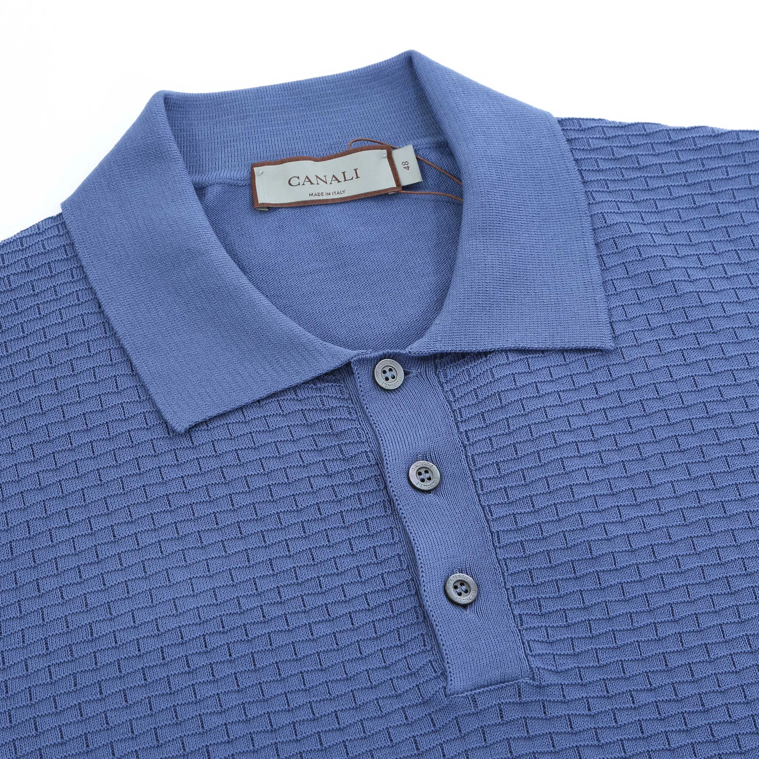 Canali Weave Front Knitted Polo in Light Blue