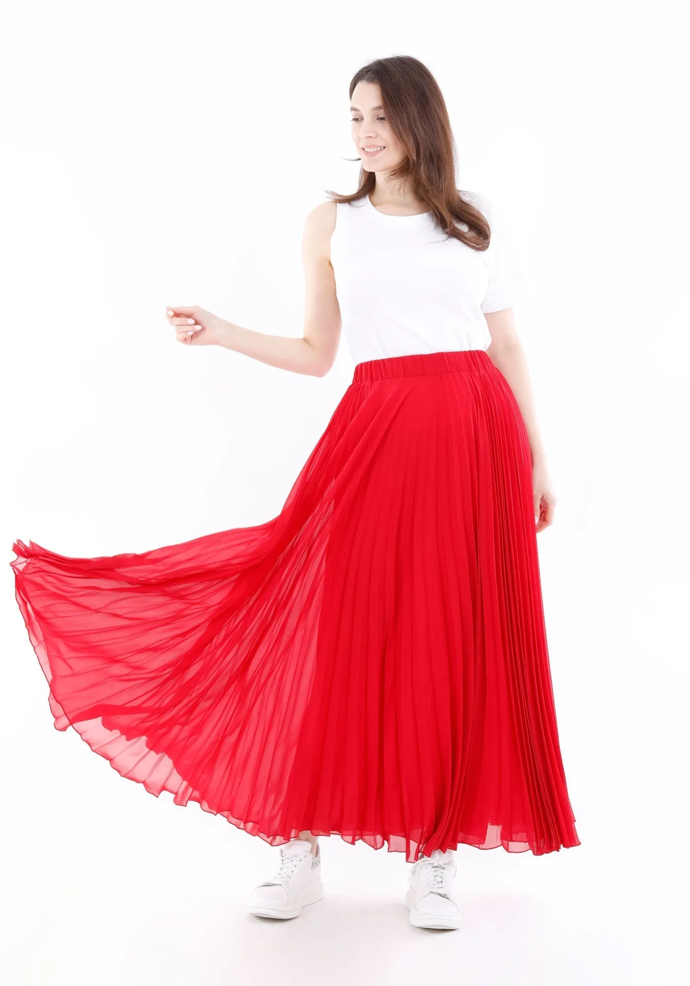 Chiffon Pleated Maxi Skirt with Elastic Waist Band