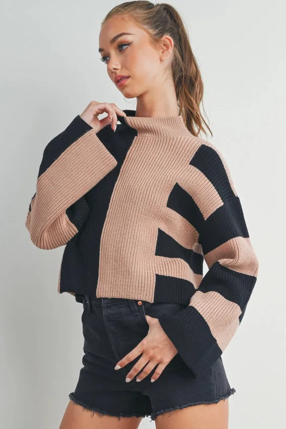 Color Block Mock Turtleneck Sweater  BLACK / OAT