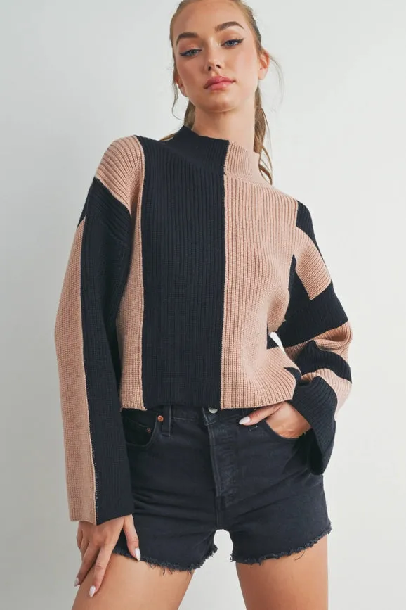 Color Block Mock Turtleneck Sweater  BLACK / OAT
