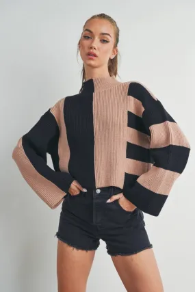 Color Block Mock Turtleneck Sweater  BLACK / OAT