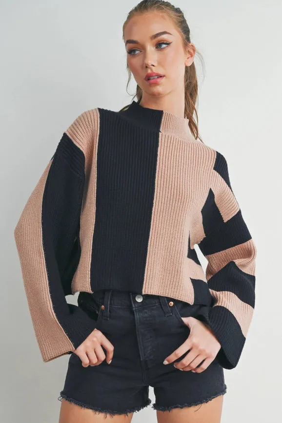 Color Block Mock Turtleneck Sweater  BLACK / OAT