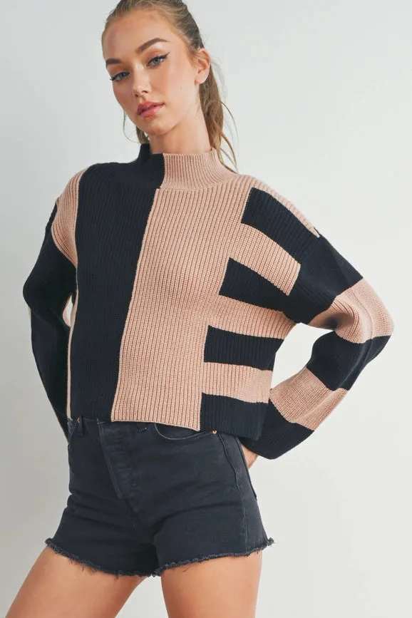 Color Block Mock Turtleneck Sweater  BLACK / OAT