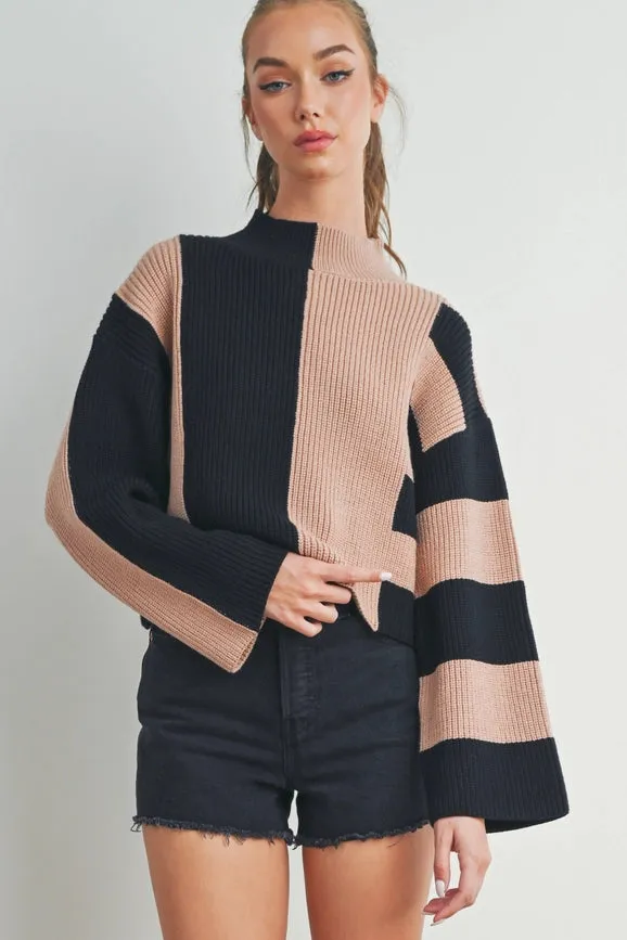Color Block Mock Turtleneck Sweater  BLACK / OAT