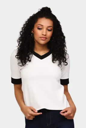 Cream Contrast Trim V Neck Top