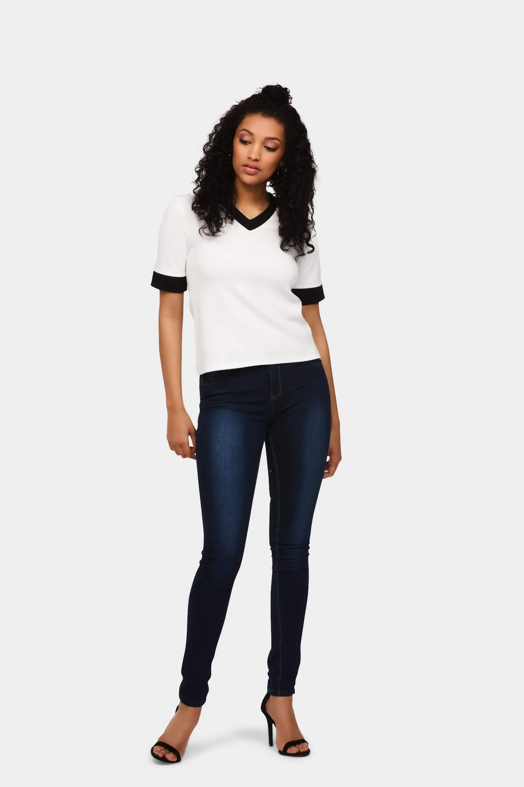 Cream Contrast Trim V Neck Top