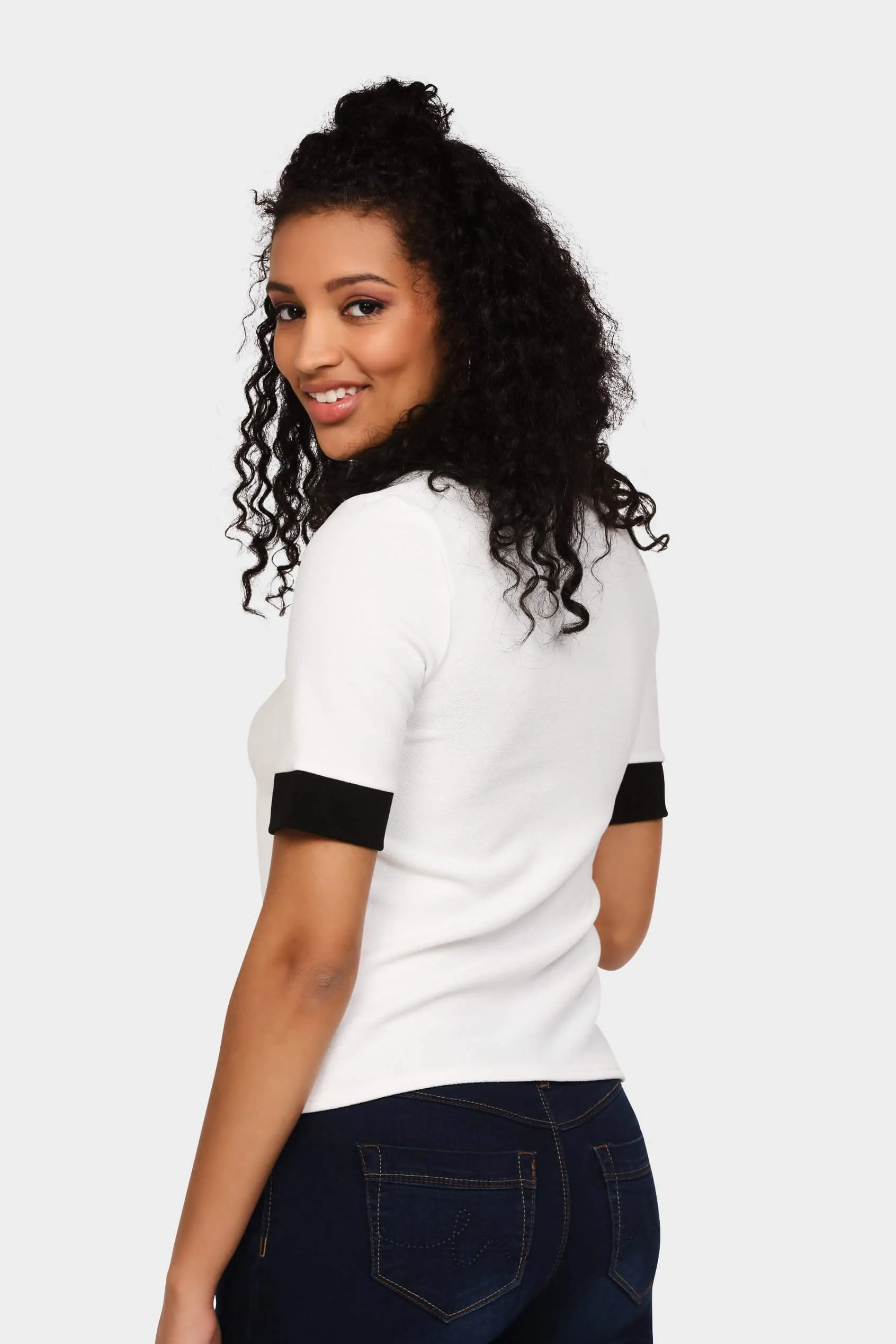 Cream Contrast Trim V Neck Top