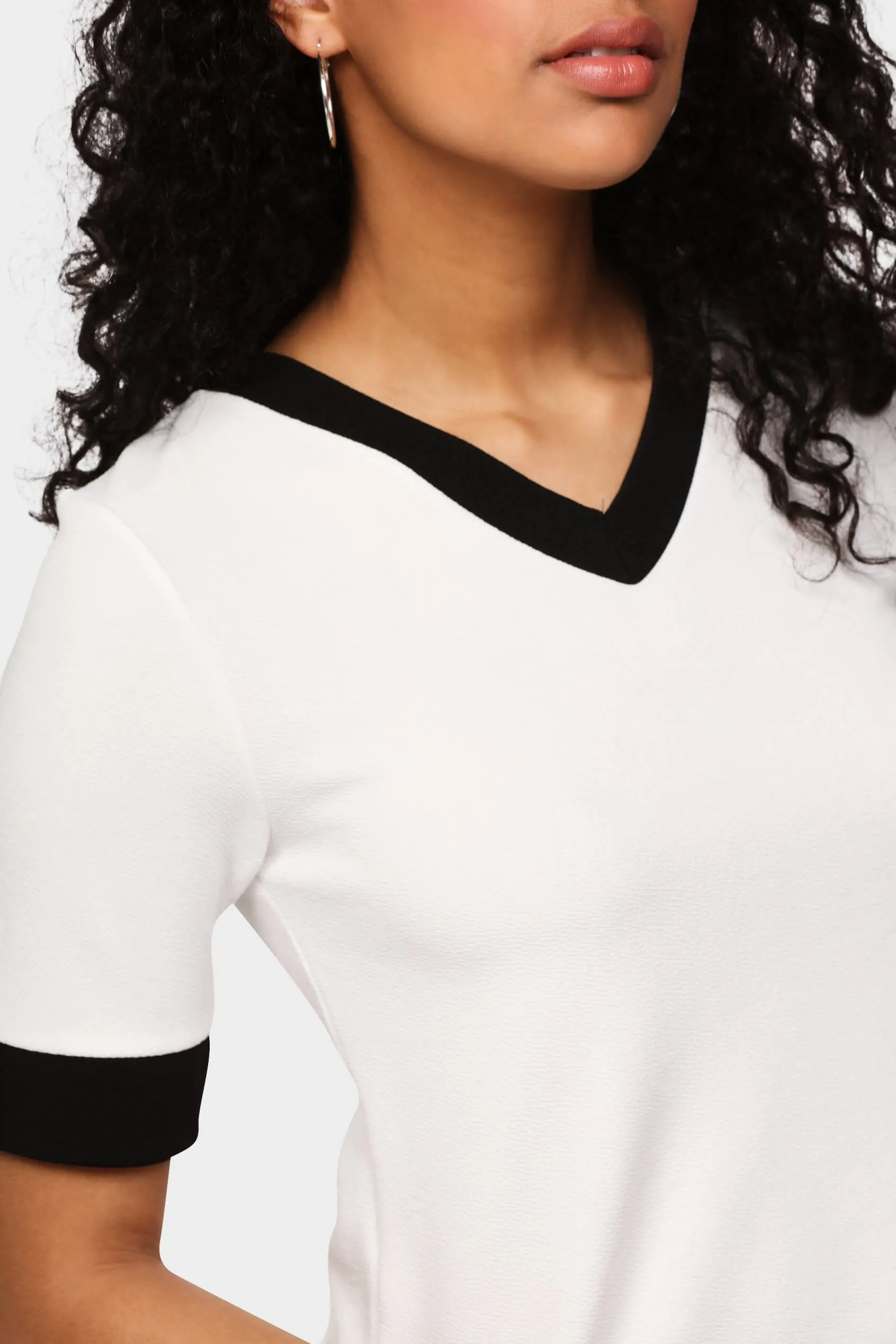 Cream Contrast Trim V Neck Top