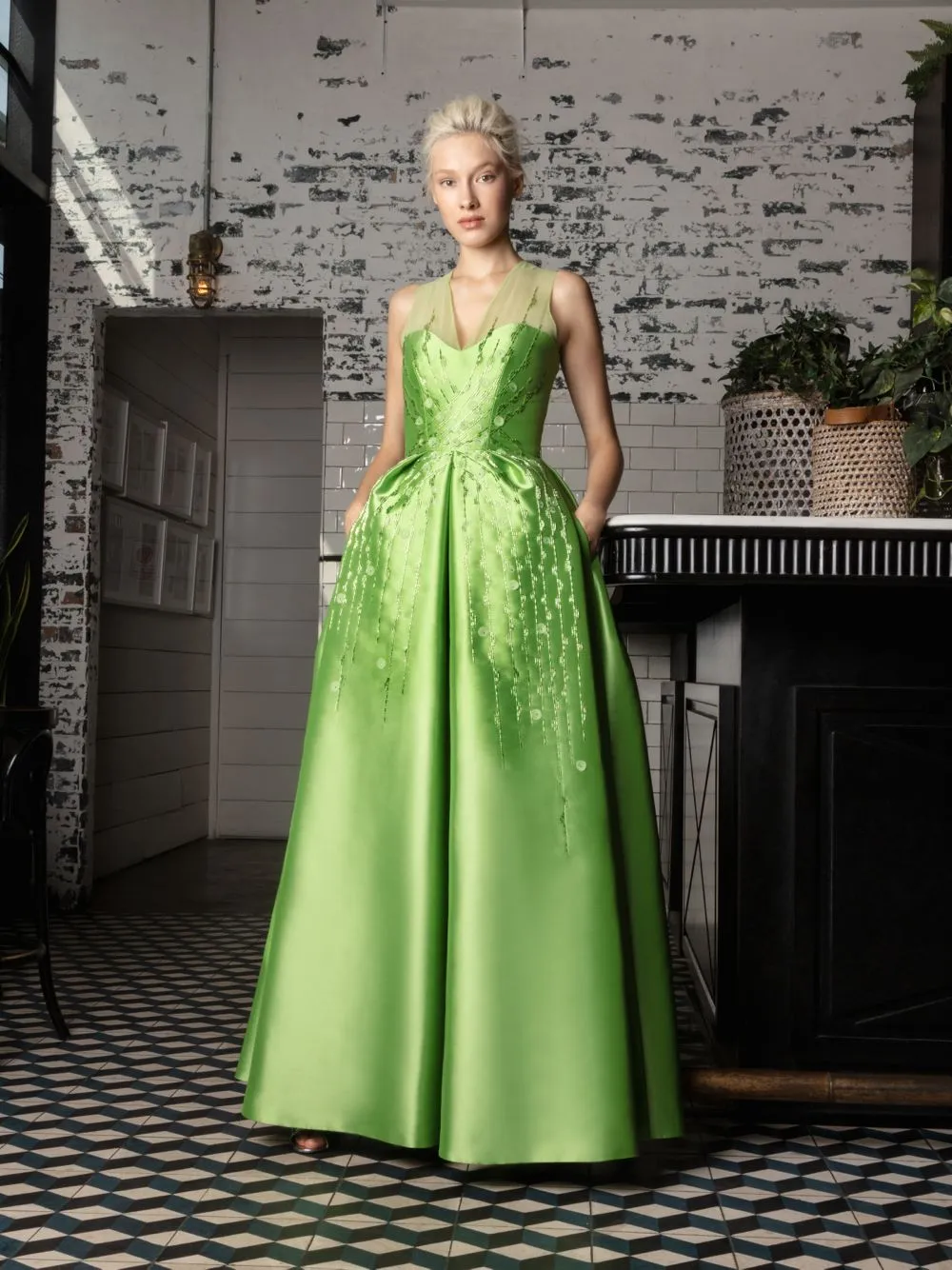 Embellished Pleated Gown