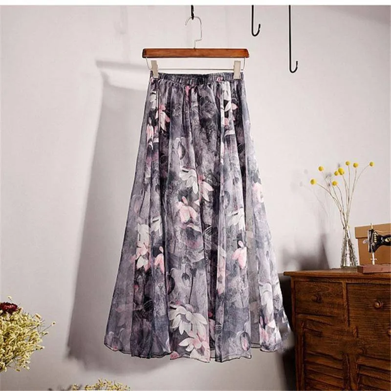 Fits 20"-39" waist, Chiffon Floral Printed Boho long (Floor Length) Skirt  Fits up to (US 16)