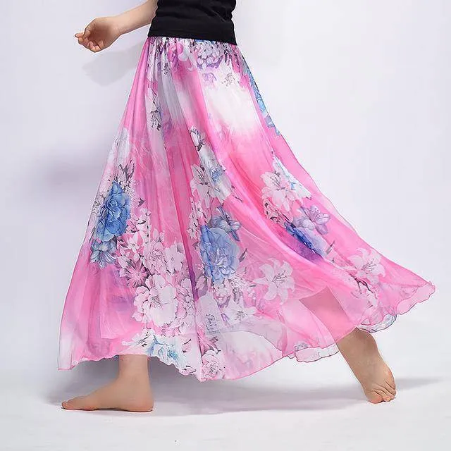 Fits 20"-39" waist, Chiffon Floral Printed Boho long (Floor Length) Skirt  Fits up to (US 16)