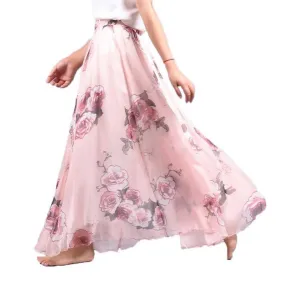 Fits 20"-39" waist, Chiffon Floral Printed Boho long (Floor Length) Skirt  Fits up to (US 16)
