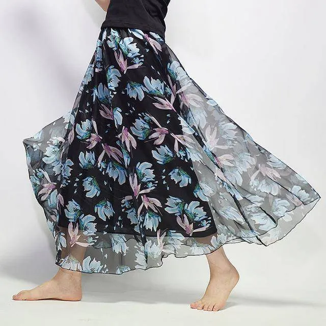 Fits 20"-39" waist, Chiffon Floral Printed Boho long (Floor Length) Skirt  Fits up to (US 16)