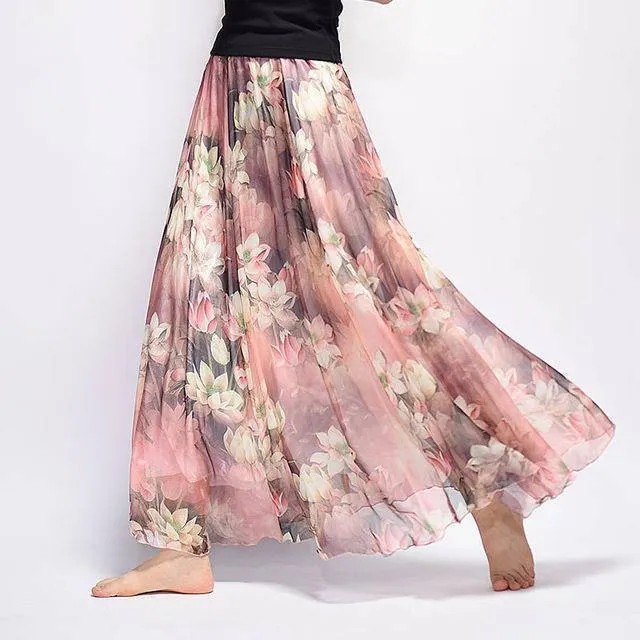 Fits 20"-39" waist, Chiffon Floral Printed Boho long (Floor Length) Skirt  Fits up to (US 16)