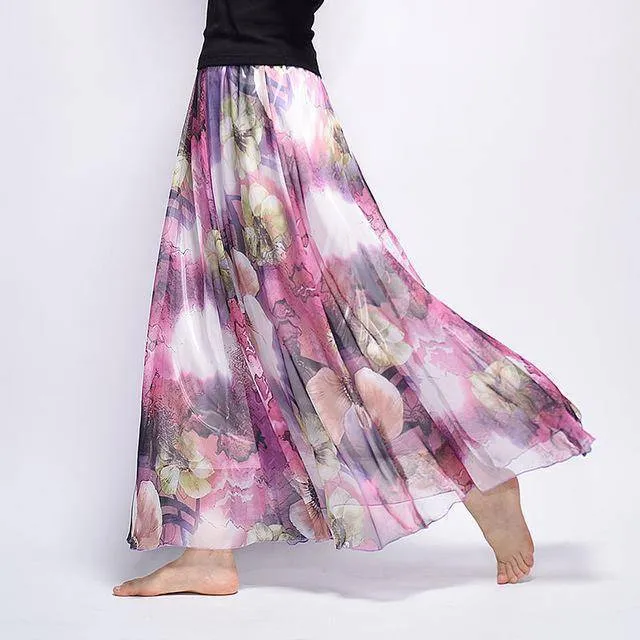 Fits 20"-39" waist, Chiffon Floral Printed Boho long (Floor Length) Skirt  Fits up to (US 16)