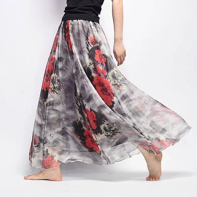 Fits 20"-39" waist, Chiffon Floral Printed Boho long (Floor Length) Skirt  Fits up to (US 16)