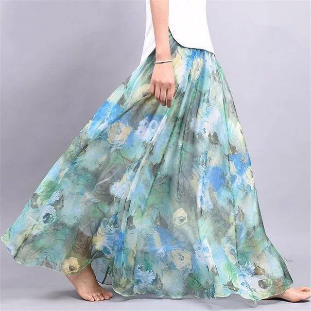 Fits 20"-39" waist, Chiffon Floral Printed Boho long (Floor Length) Skirt  Fits up to (US 16)