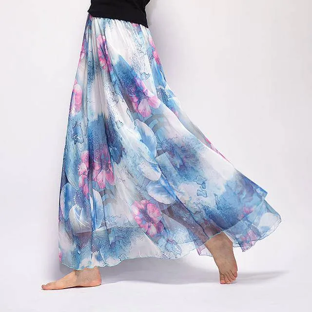 Fits 20"-39" waist, Chiffon Floral Printed Boho long (Floor Length) Skirt  Fits up to (US 16)