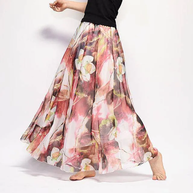 Fits 20"-39" waist, Chiffon Floral Printed Boho long (Floor Length) Skirt  Fits up to (US 16)