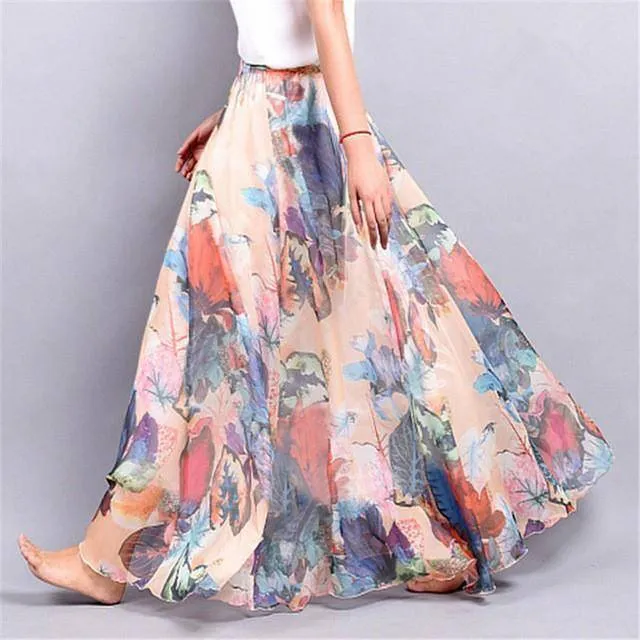 Fits 20"-39" waist, Chiffon Floral Printed Boho long (Floor Length) Skirt  Fits up to (US 16)