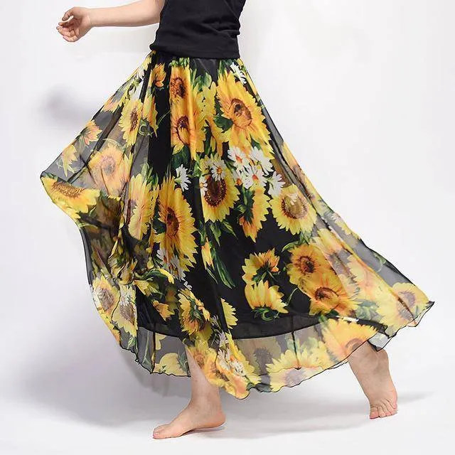 Fits 20"-39" waist, Chiffon Floral Printed Boho long (Floor Length) Skirt  Fits up to (US 16)