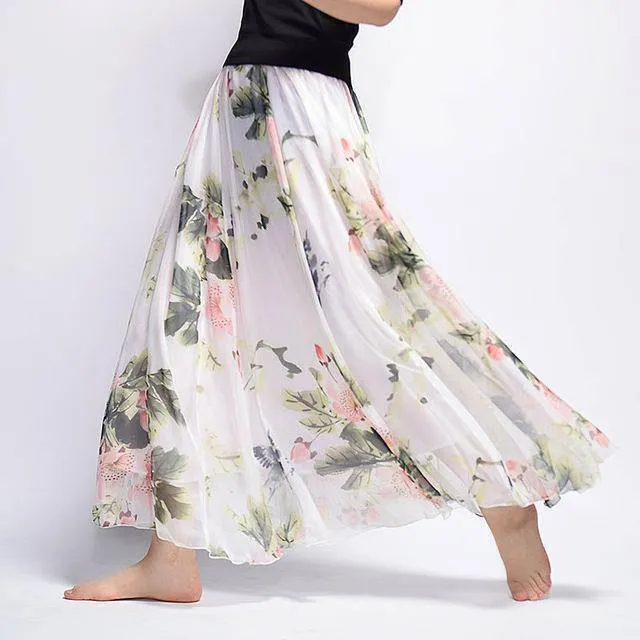 Fits 20"-39" waist, Chiffon Floral Printed Boho long (Floor Length) Skirt  Fits up to (US 16)