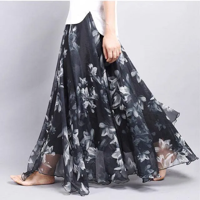 Fits 20"-39" waist, Chiffon Floral Printed Boho long (Floor Length) Skirt  Fits up to (US 16)