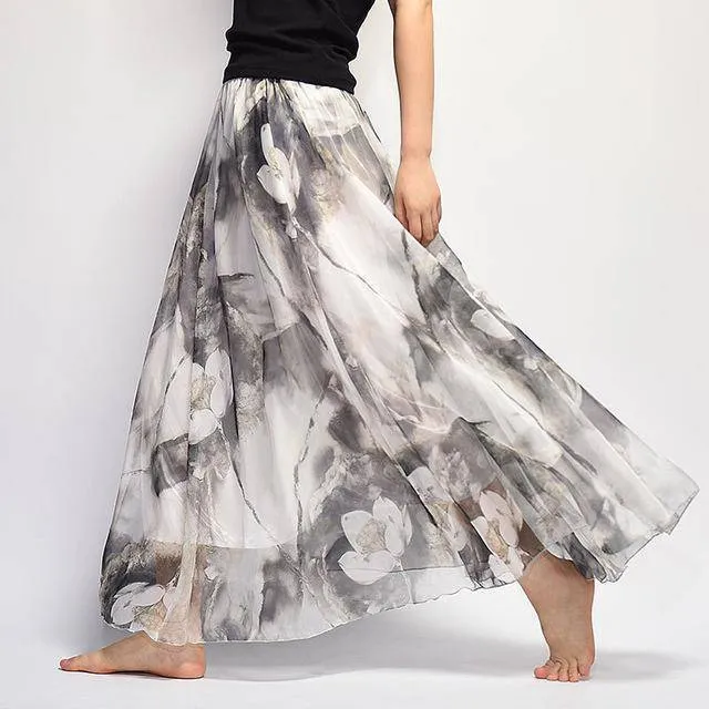 Fits 20"-39" waist, Chiffon Floral Printed Boho long (Floor Length) Skirt  Fits up to (US 16)
